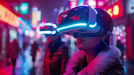 Urban Futuristic Cityscape at Dusk, Featuring Pedestrians Wearing Glowing VR AR Headsets and Vibrant Neon Lights, Evoking a Tech-Savvy and Cyberpunk Concept