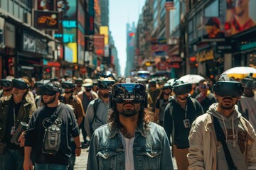 Obraz premium Urban Street Scene Immersed in Virtual Reality with People Wearing AR VR Headsets, Blending Digital World into Reality, Natural Light Illuminating the High-Tech Interaction Concept