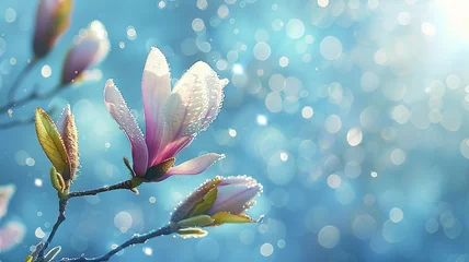 Foto auf Acrylglas Antireflex Blooming pink magnolia in springtime on pastel blue sky © svittlana