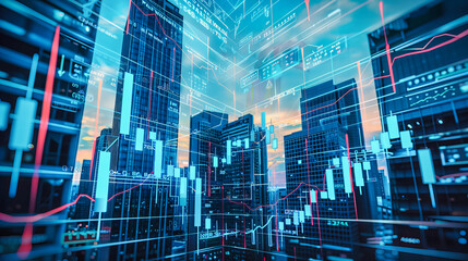 Double Exposure of City Skyline and Financial Market Analysis, Business Investment and Stock Exchange Concept - obrazy, fototapety, plakaty