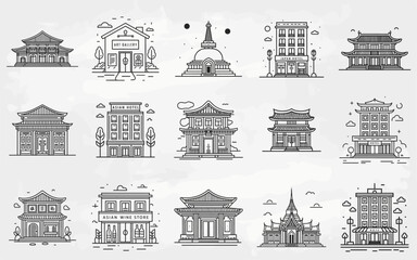 Obraz premium Asiatische Gebäude: Minimalistische Lineart Illustrationen auf Weißem Hintergrund