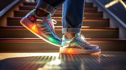 person wearing colorful sneakers stepping up a modern - obrazy, fototapety, plakaty