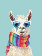 Obraz premium A llama is confidently wearing sunglasses and a scarf, adding a touch of style and humor to its appearance