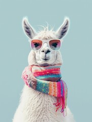 Fototapeta premium A llama is wearing stylish sunglasses and a cozy scarf in this quirky and fun animal portrait