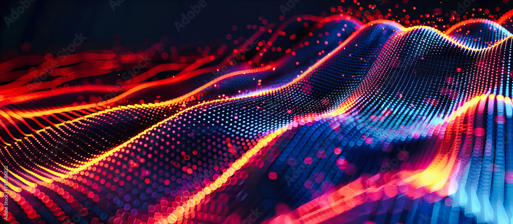 Poster dynamic abstract wave of digital technology, showcasing glowing lines and dots in a futuristic blue 