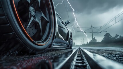 Car driving along the asphalt road. At the back is a light rail. The sky was overcast and lightning flashed. - obrazy, fototapety, plakaty