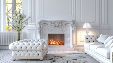 Classic interior design of modern living room with fireplace and white leather sof