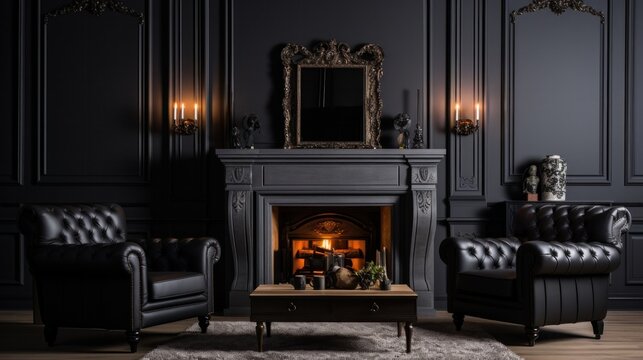 Modern black living room with fireplace and black leather sofa.