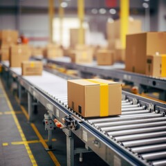 Distribution center with boxes, conveyor belt with boxes for delivery in an automated warehouse.