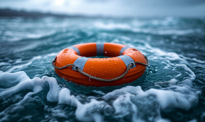 Life buoy or Life preserver floating on the ocean on stormy water, prepared to save individuals at risk of drowning