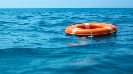 Life buoy or Life preserver floating on the ocean on stormy water, prepared to save individuals at risk of drowning