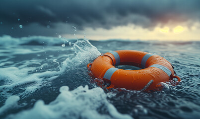 Life buoy or Life preserver floating on the ocean on stormy water, prepared to save individuals at risk of drowning