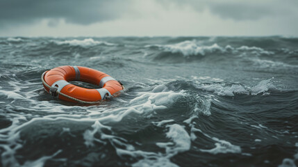 Fototapeta na wymiar Life buoy or Life preserver floating on the ocean on stormy water, prepared to save individuals at risk of drowning