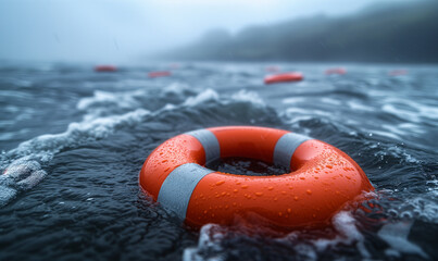 Life buoy or Life preserver floating on the ocean on stormy water, prepared to save individuals at risk of drowning