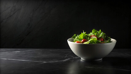 Bowl of Fresh Salad with Vegetables on black marble table