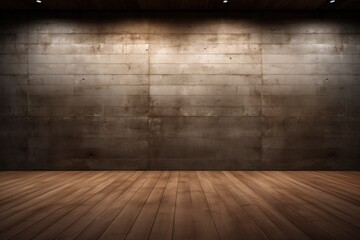 The background is an empty room with a beige cement wall.