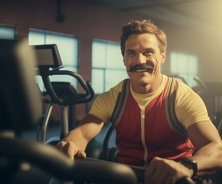 An 80s-inspired gym-goer, sporting a mustache, on a spinning bike, exudes joy in an ultra-realistic 8K image. Nostalgic vibes emanate from the natural lighting, evoking a retro atmosphere.