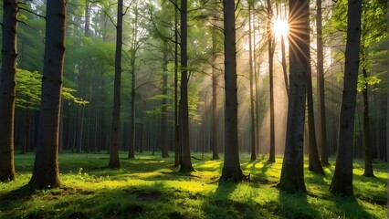 Spring Symphony: Serene Silence in the Forest with Beautiful Bright Sun Rays GENERATIVE AI - obrazy, fototapety, plakaty