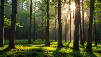 Fototapeten Spring Symphony: Serene Silence in the Forest with Beautiful Bright Sun Rays GENERATIVE AI © Waqar