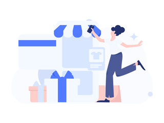 Holiday shopping people doing e-commerce online shopping flat vector concept operation hand drawn illustration
