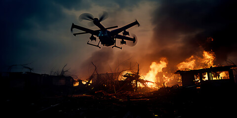 Drone flying over destruction of buildings and fire, silhouette photography with high speed continuous shooting in futuristic style with dark background - obrazy, fototapety, plakaty
