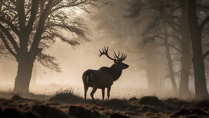 Mystical Red Deer Stag: Silhouetted Beauty Amidst the Mist GENERATIVE AI