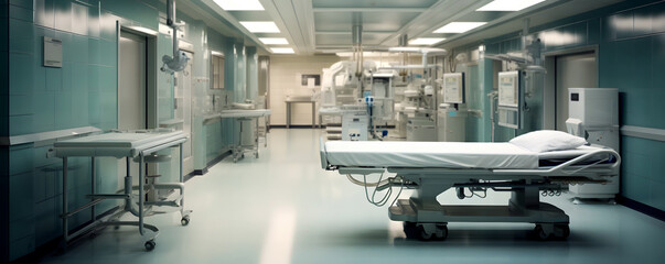 In the hospital's ward, there is an empty bed and medical equipment in front of it. The room has blue walls and white floors