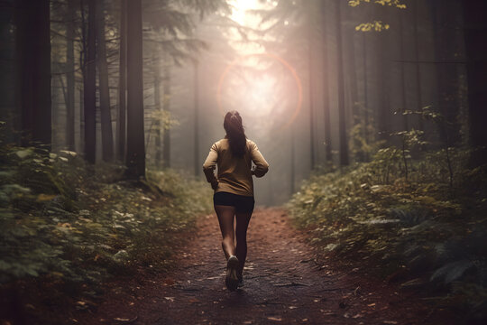 Athletic woman in running gear along the path through dense forest on foggy morning, is seen from behind. Sun shines brightly above her creating beautiful light rays that illuminate her body.
