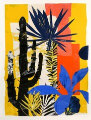A painting featuring a cactus and various other plants displayed in a natural setting