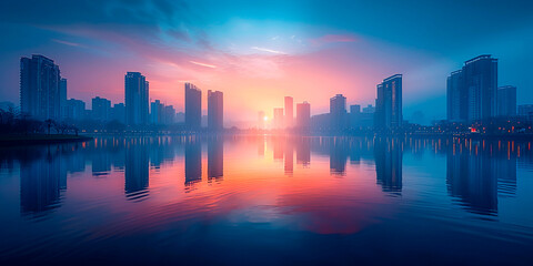 Cityscape background. Urban skyline surrounding large water body. - Powered by Adobe