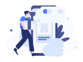 Holiday shopping people doing e-commerce online shopping flat vector concept operation hand drawn illustration
