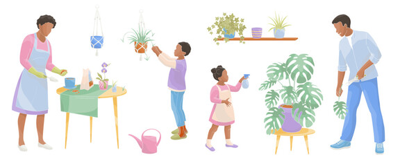 smiling parents with children care for house plants African American Family working together