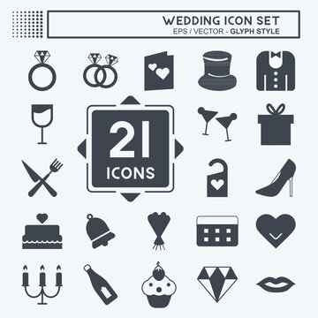 Wedding Icon Set in trendy glyph style isolated on soft blue background