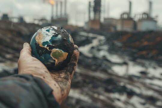 Conceptual Image of Earth Melting in a Human Hand, Environmental Art Depicting Global Warming, Concept of Climate Change