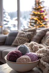 colored woolen yarn balls in a white bowl standing on a couch table in a cozy living room at christmas time