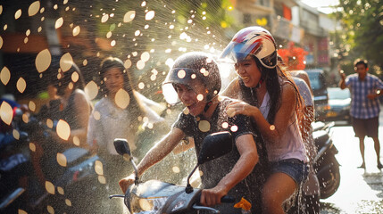 Fototapeta premium Songkran celebration Thailand Bangkok, Chiang Mai, New Yeah celebration in Thailand, Water fights all around the country. Couple on the motor bike. The concept of Water Festival, splashing.