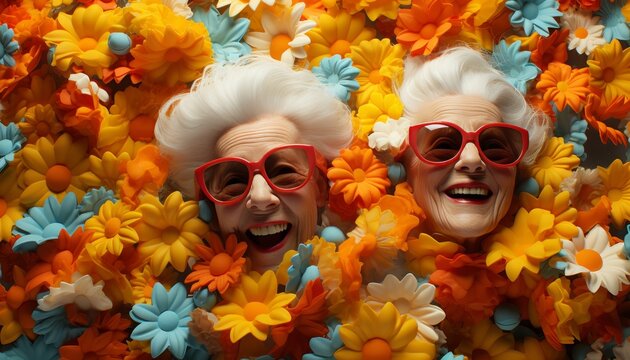 Top view,diverse group of seniors enjoying pool party with cocktails and looking up at camera