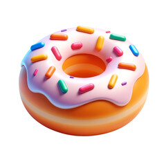 3d illustration of a soft pink glazed donut with colorful sprinkles.