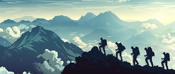  illustration of a silhouette group of hikers climbing to the top of a mountain, with clouds and mountains in the background - obrazy, fototapety, plakaty