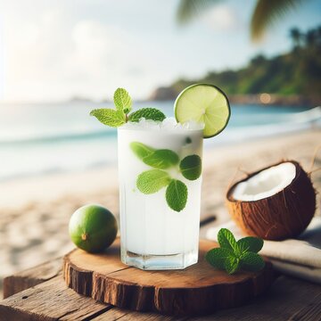 Coconut juice, Drink coconut water, a Tropical summer iced drink with an orange or lemon slices. on summer beach background