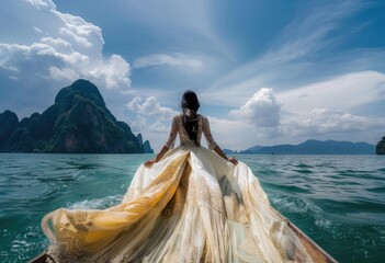 Serene Voyage in Elegance, woman in an ornate gown looks towards distant limestone cliffs while...
