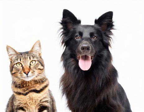 Cute black long haired dog and brown tabby cat together closeup of faces looking at camera together