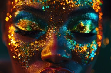 Glittering Dreams: A Sparkling Vision, close-up view of a person's face adorned with gold glitter makeup, creating a mesmerizing play of light and texture