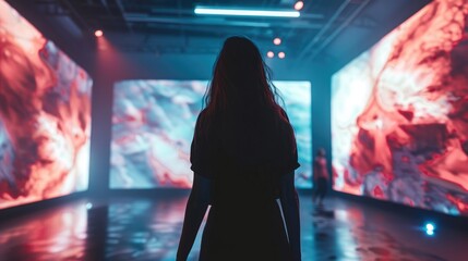 Abstract Art Immersive Experience, viewer is silhouetted against vibrant, shifting lights of an interactive video installation, creating an immersive abstract experience - obrazy, fototapety, plakaty