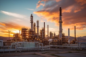 oil refinery , with a dramatic sky and industrial pipes and towers illuminated