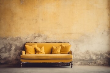 Old beige sofa against aged grunge ancient weathered yellow stucco wall