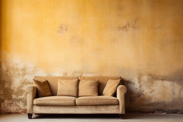 Old beige sofa against aged grunge ancient weathered yellow stucco wall