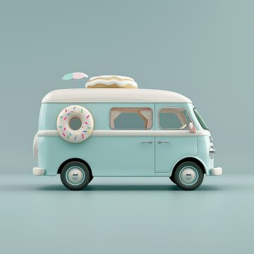 3D a lovely van with doughnut on soft pastel background.