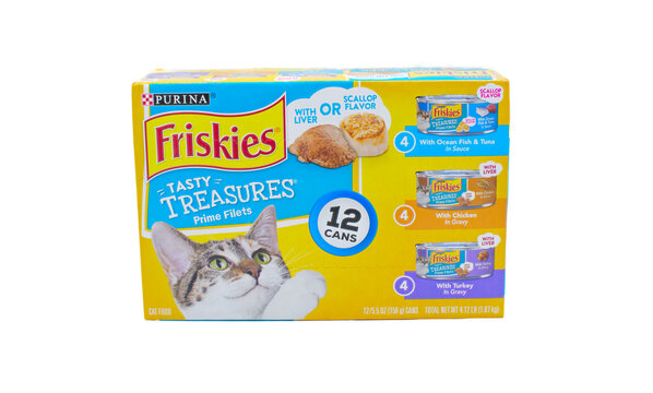 Ocala, FL 3-22-2024 Friskies cans of cat food tasty treasures prime filet three flavors.  Ocean fish and tuna in sauce, chicken in gravy, turkey in gravy. Yellow box isolated on white background