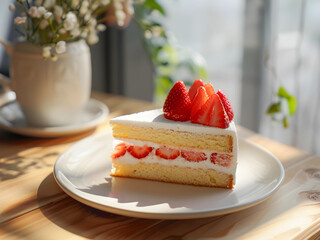 Japanese Strawberry sponge cake in triangle shape on the white dish on cozy wooden table - 765590899